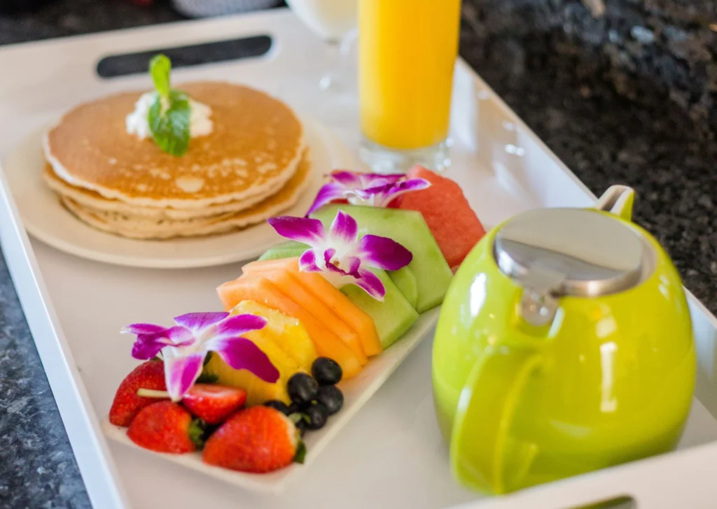 breakfast with pancakes and fresh fruit