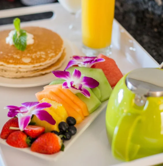 breakfast with pancakes and fresh fruit