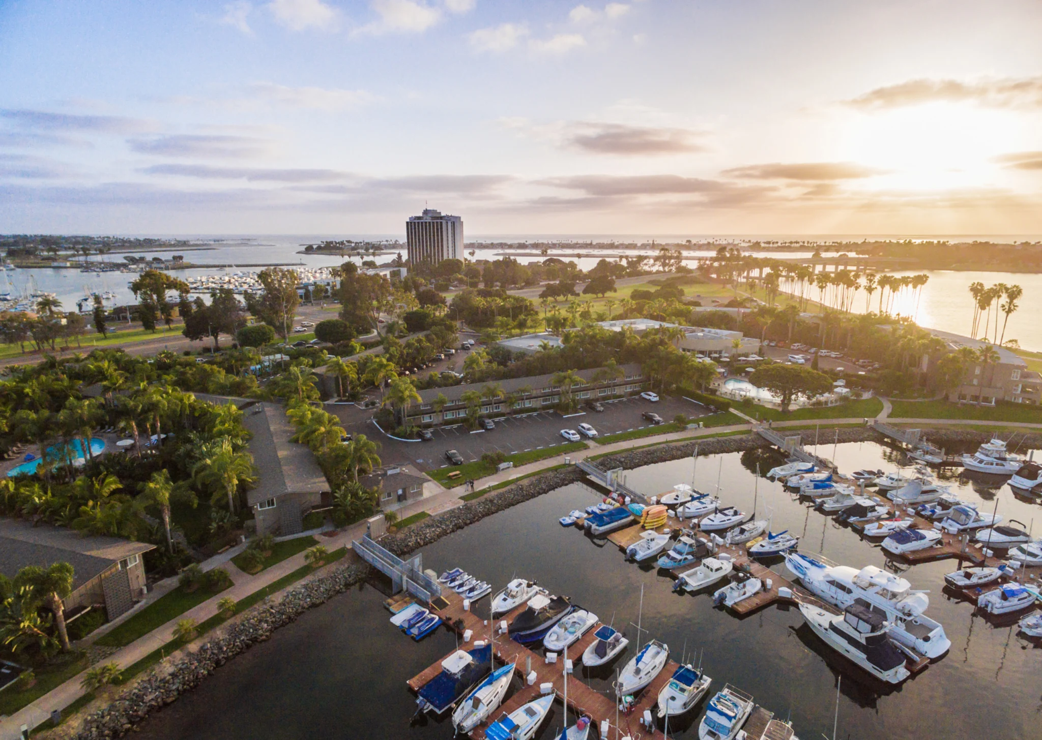 Aerial view of hotel and marina