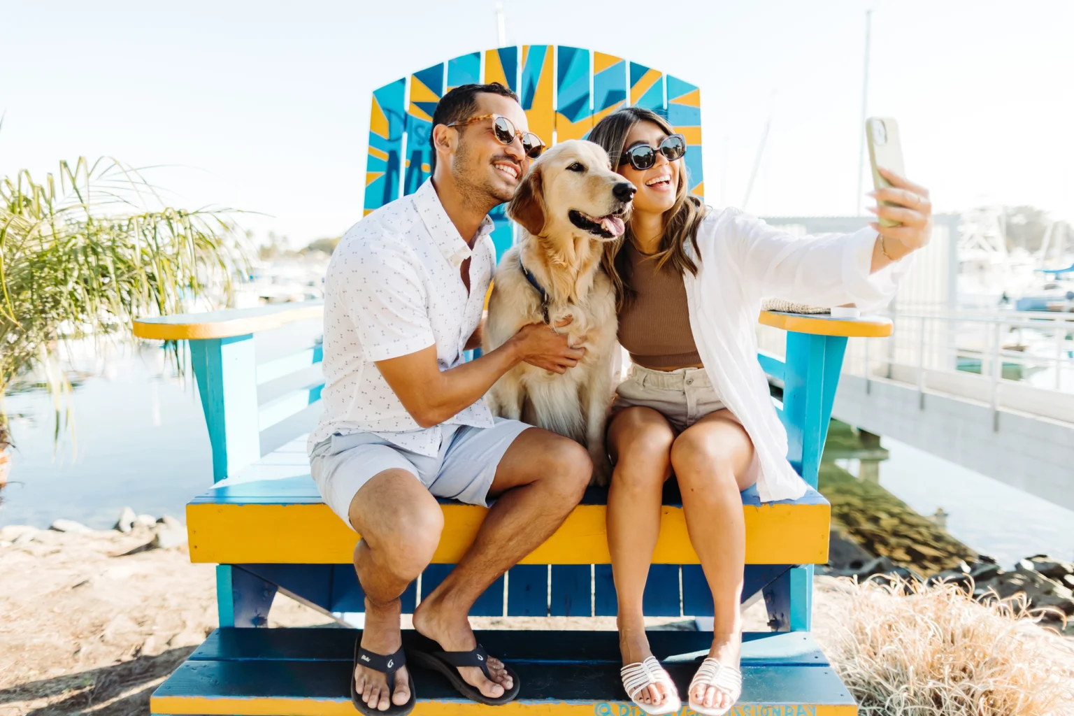 Guests taking a selfie with their dog