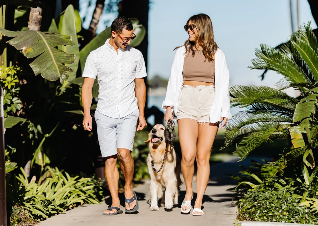 guests walking on the property with a dog