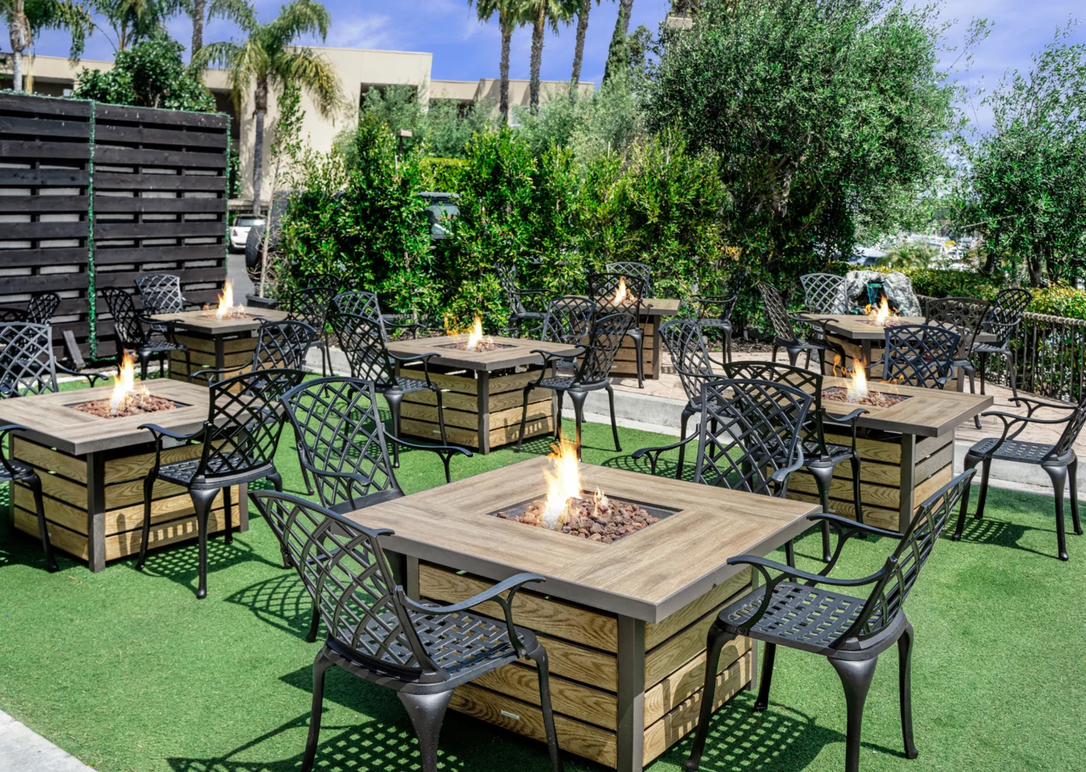 outdoor dining space with firepits