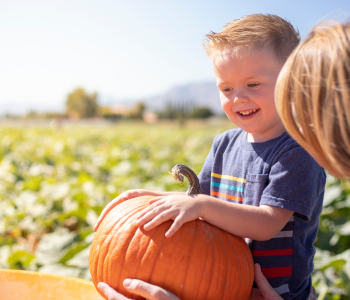 Child holding a pumpkin at a pumpkin patch