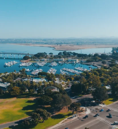 Aerial view of Dana on Mission Bay with SeaWorld in the background