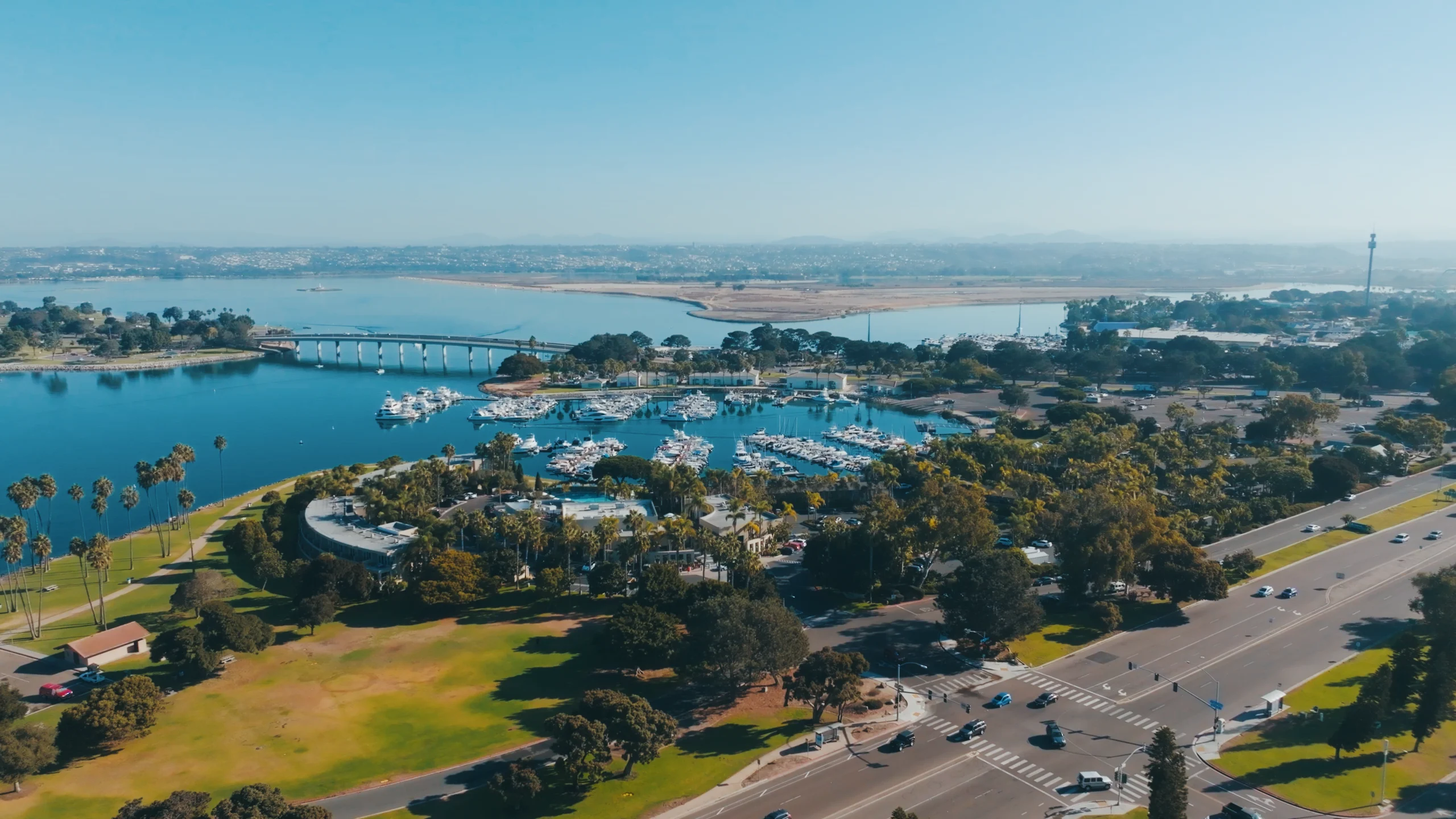 Aerial view of Dana on Mission Bay with SeaWorld in the background