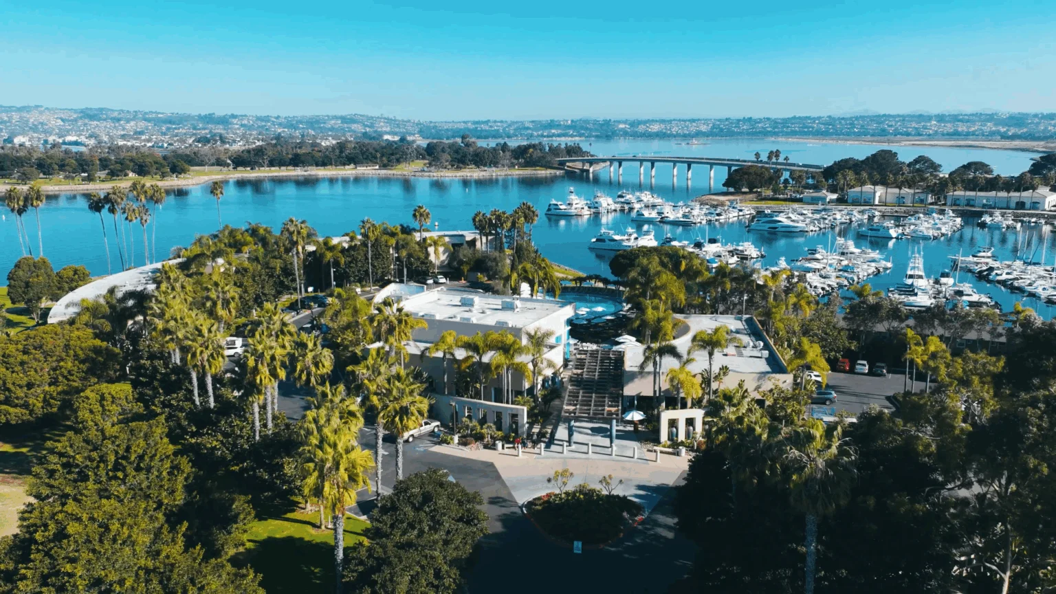 Aerial view of hotel overlooking mission bay
