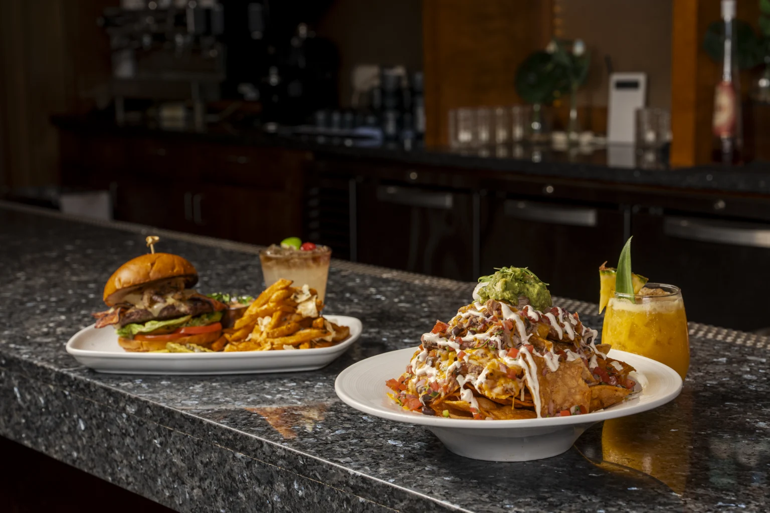 burger and Nacho with cocktails