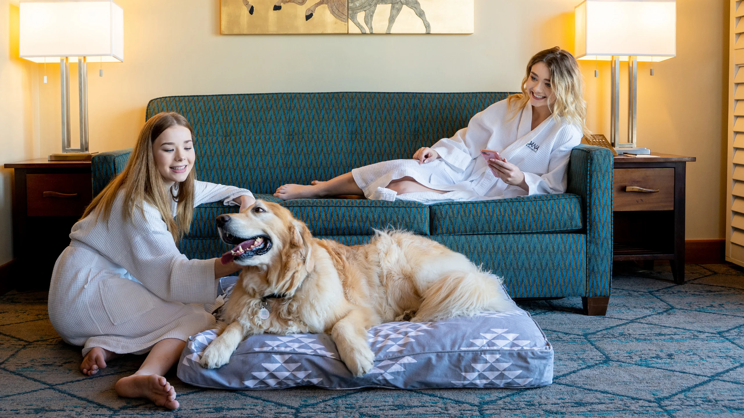 guests with their dog in a dog friendly room
