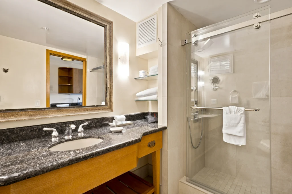 vanity and shower in Bayside Conference Queen Suite at The Dana on Mission Bay San Diego
