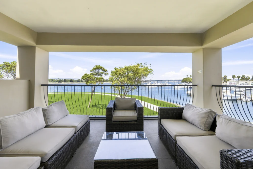 private balcony bay view in Deck Queen Suite at The Dana on Mission Bay