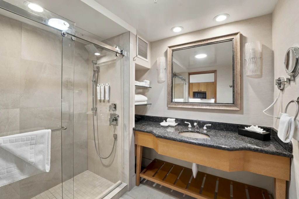 Bathroom in full sized suite at at The Dana on Mission Bay San Diego