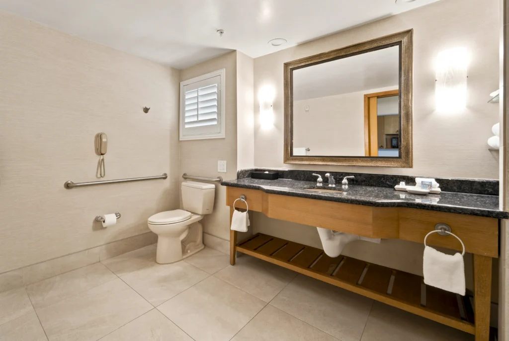 large vanity in bathroom in Bay View Accessible Suite at The Dana on Mission Bay San Diego