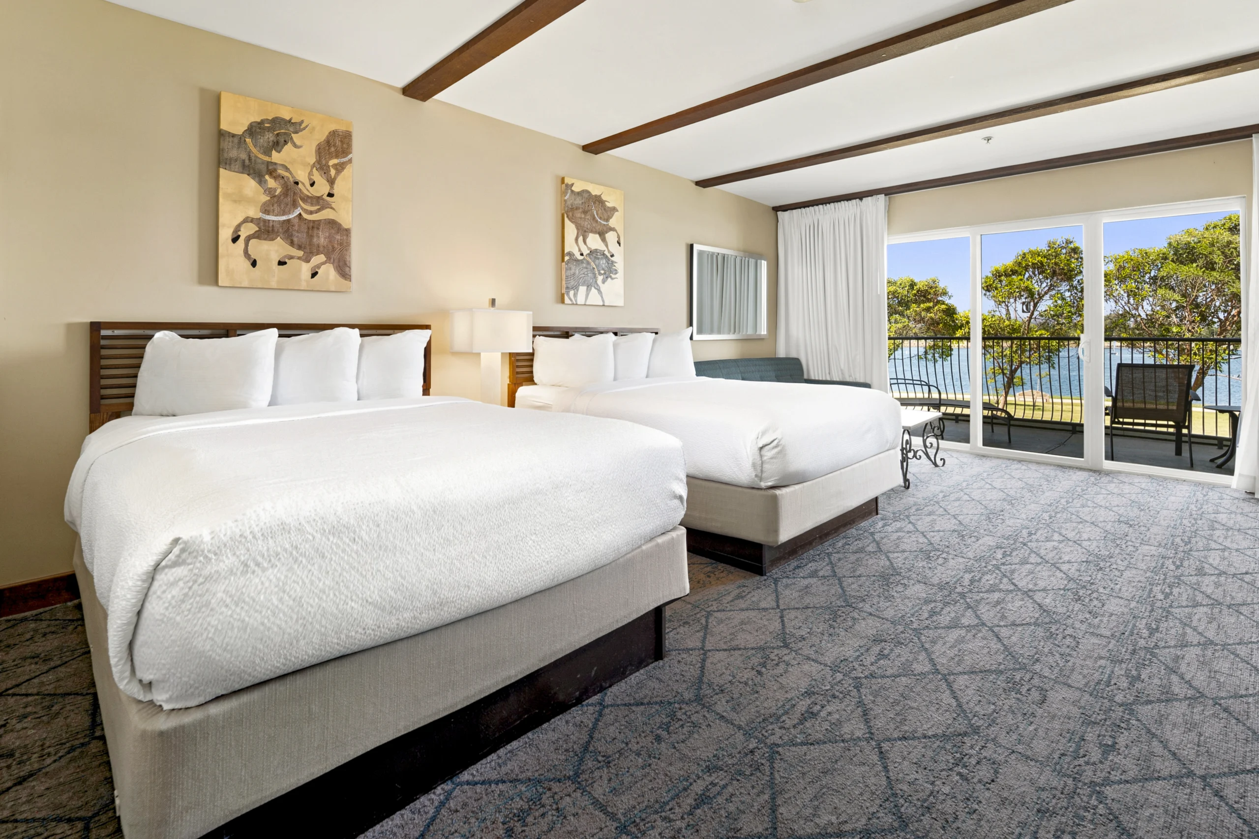 two queen beds and balcony bay view in Bay View Queen Jr Suite at The Dana on Mission Bay San Diego
